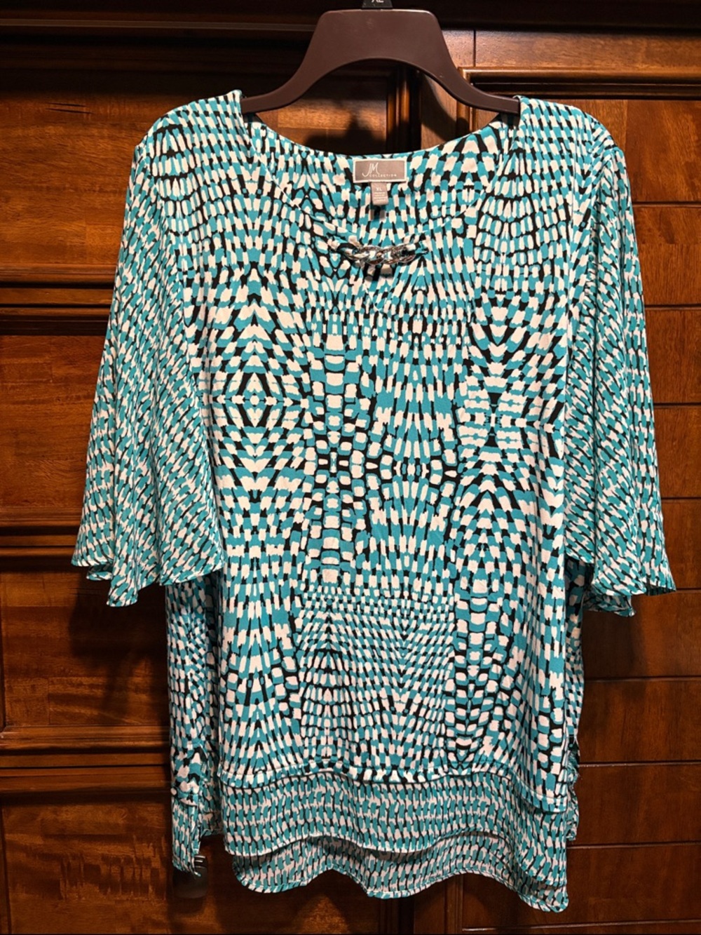 JM Collection Teal, White, & Black Geometric Flutter Sleeve Tunic